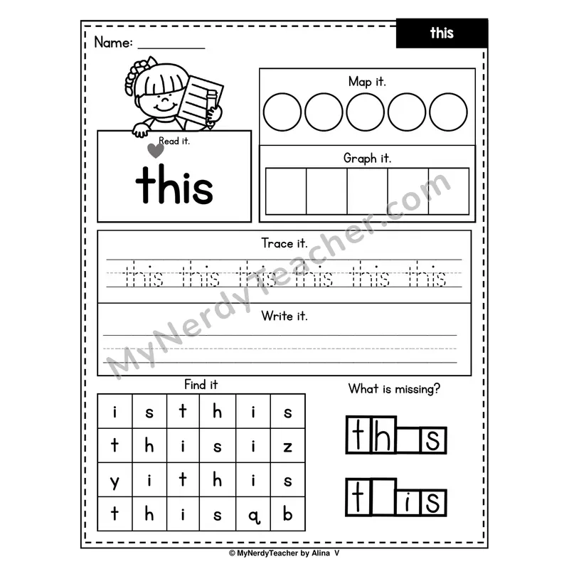 Sight Word Worksheet — this (Read, Map, Graph, Trace, Write, Find)