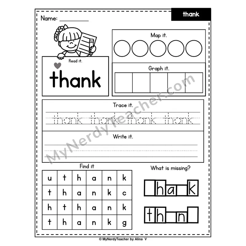 Sight Word Worksheet — thank (Read, Map, Graph, Trace, Write, Find)