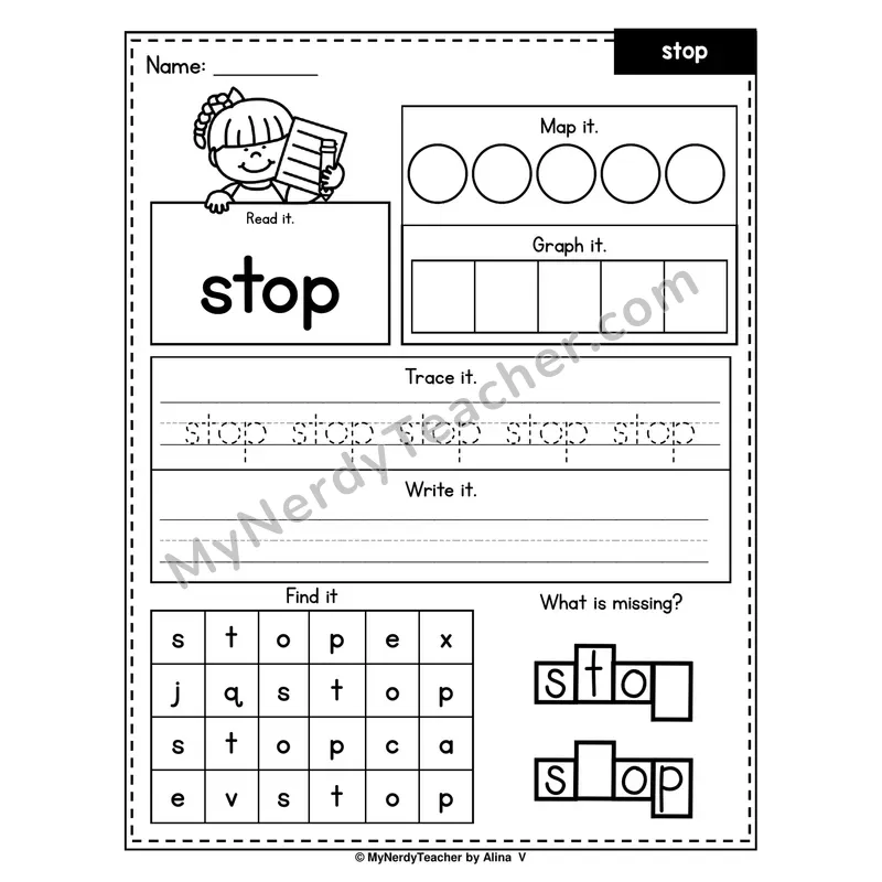Sight Word Worksheet — stop (Read, Map, Graph, Trace, Write, Find)
