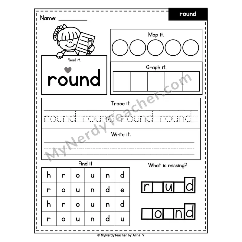 Sight Word Worksheet — round (Read, Map, Graph, Trace, Write, Find)