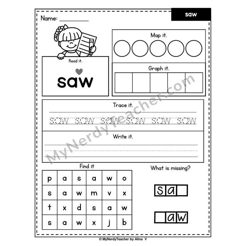 Sight Word Worksheet — saw (Read, Map, Graph, Trace, Write, Find)