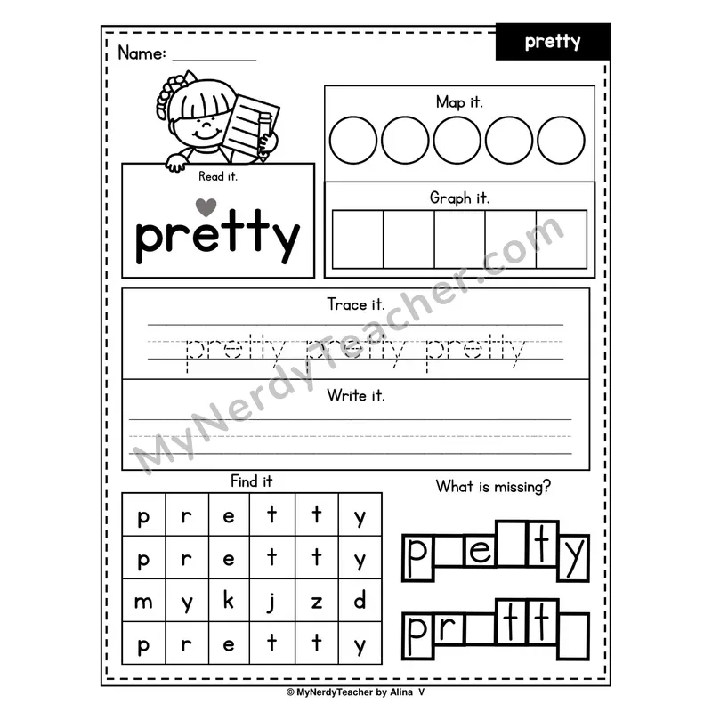 Sight Word Worksheet — pretty (Read, Map, Graph, Trace, Write, Find)