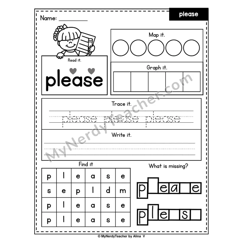 Sight Word Worksheet — please (Read, Map, Graph, Trace, Write, Find)