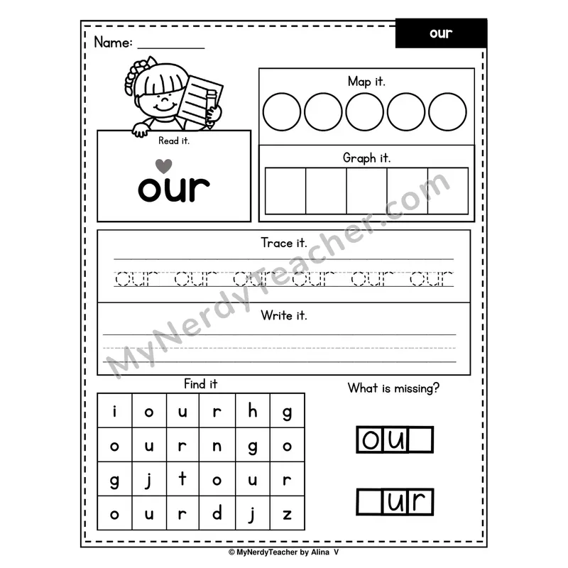 Sight Word Worksheet — our (Read, Map, Graph, Trace, Write, Find)