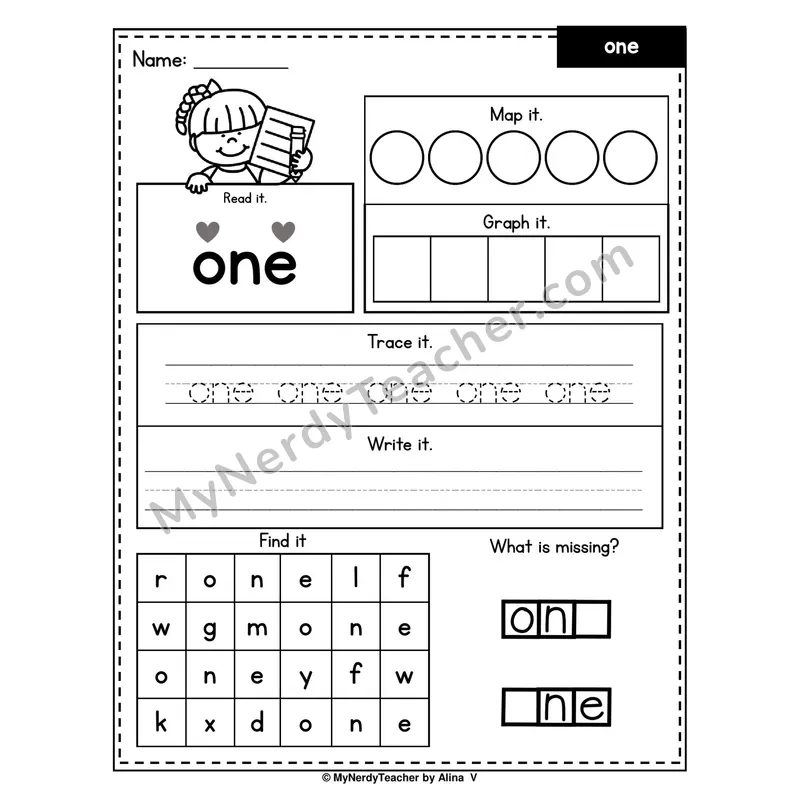 Sight Word Worksheet — one (Read, Map, Graph, Trace, Write, Find)