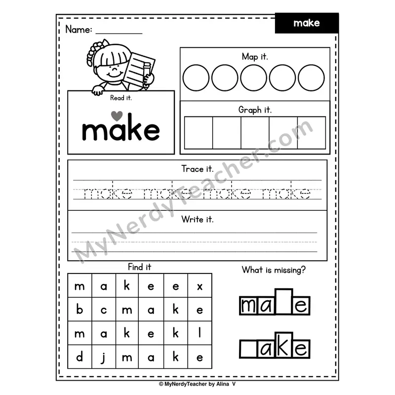 Sight Word Worksheet — make (Read, Map, Graph, Trace, Write, Find)