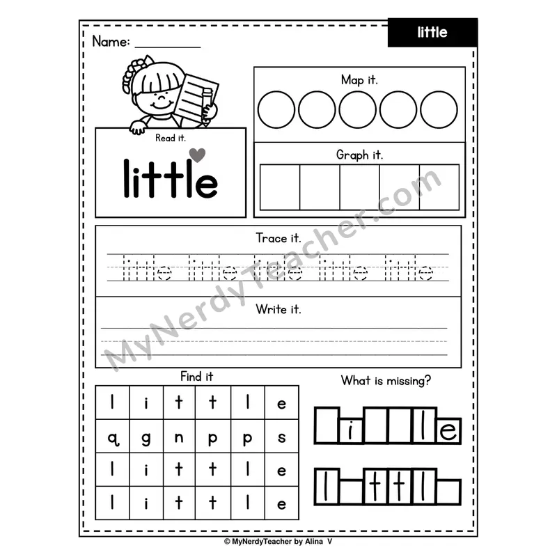 Sight Word Worksheet — little (Read, Map, Graph, Trace, Write, Find)