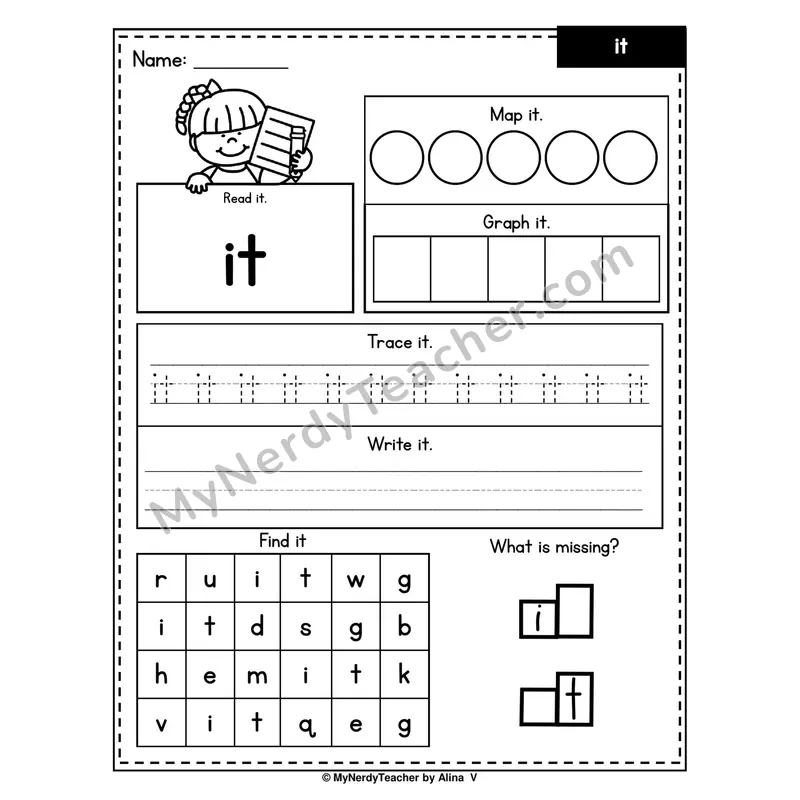 Sight Word Worksheet — it (Read, Map, Graph, Trace, Write, Find)