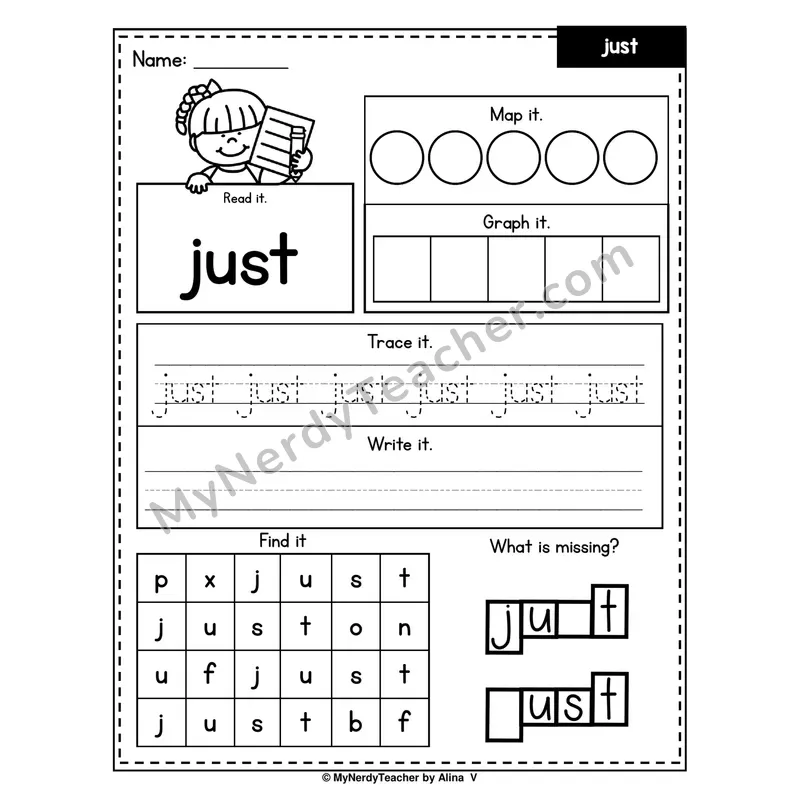 Sight Word Worksheet — just (Read, Map, Graph, Trace, Write, Find)
