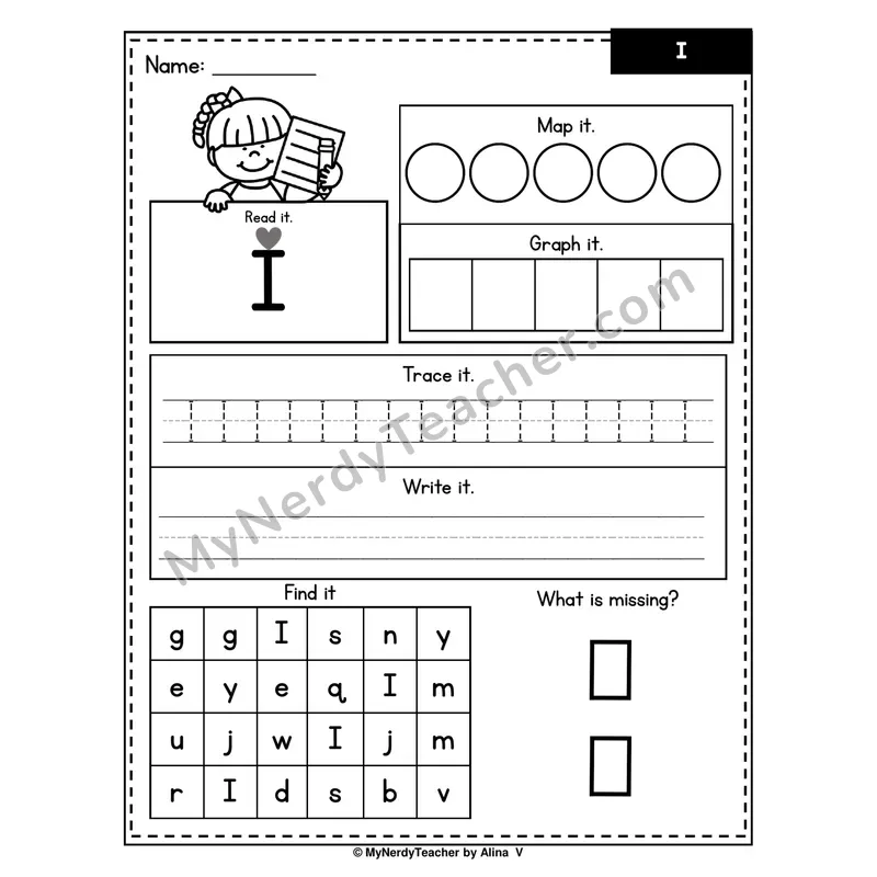 Sight Word Worksheet — I (Read, Map, Graph, Trace, Write, Find)