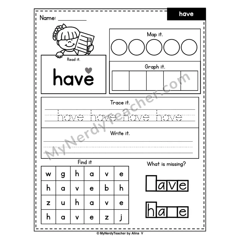 Sight Word Worksheet — have (Read, Map, Graph, Trace, Write, Find)