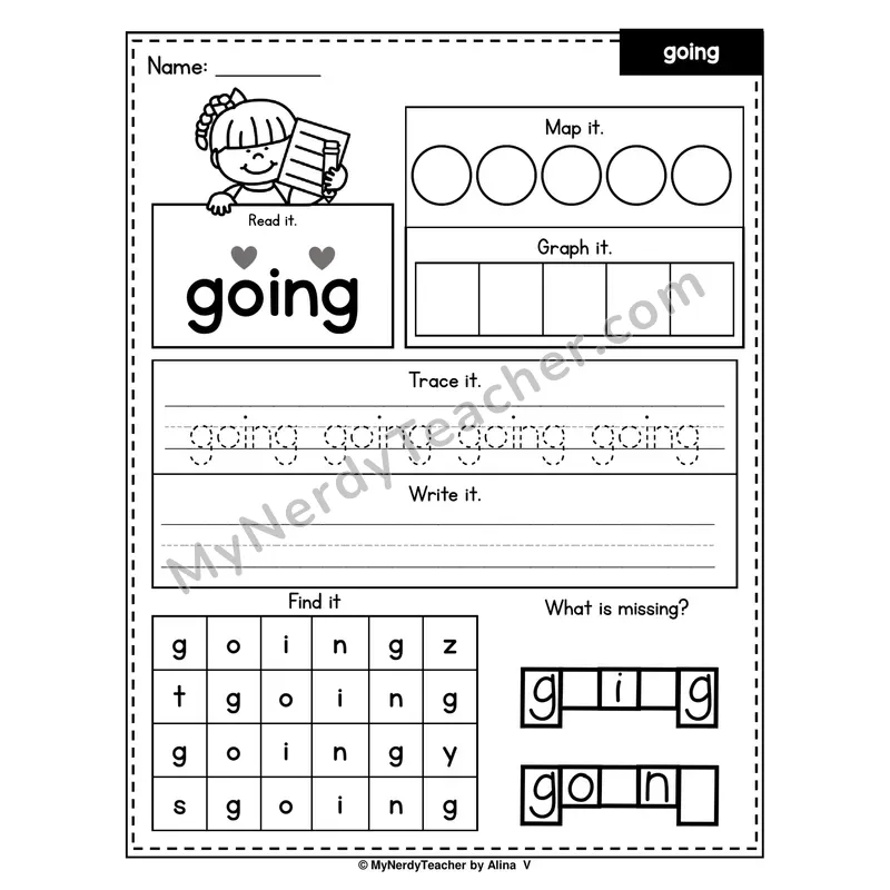 Sight Word Worksheet — going (Read, Map, Graph, Trace, Write, Find)