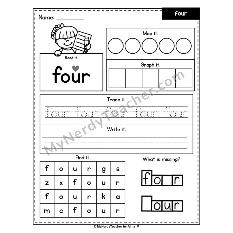 Sight Word Worksheet — four (Read, Map, Graph, Trace, Write, Find)