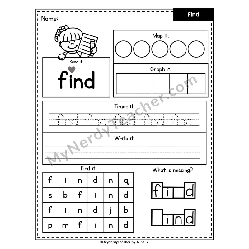 Sight Word Worksheet — find (Read, Map, Graph, Trace, Write, Find)