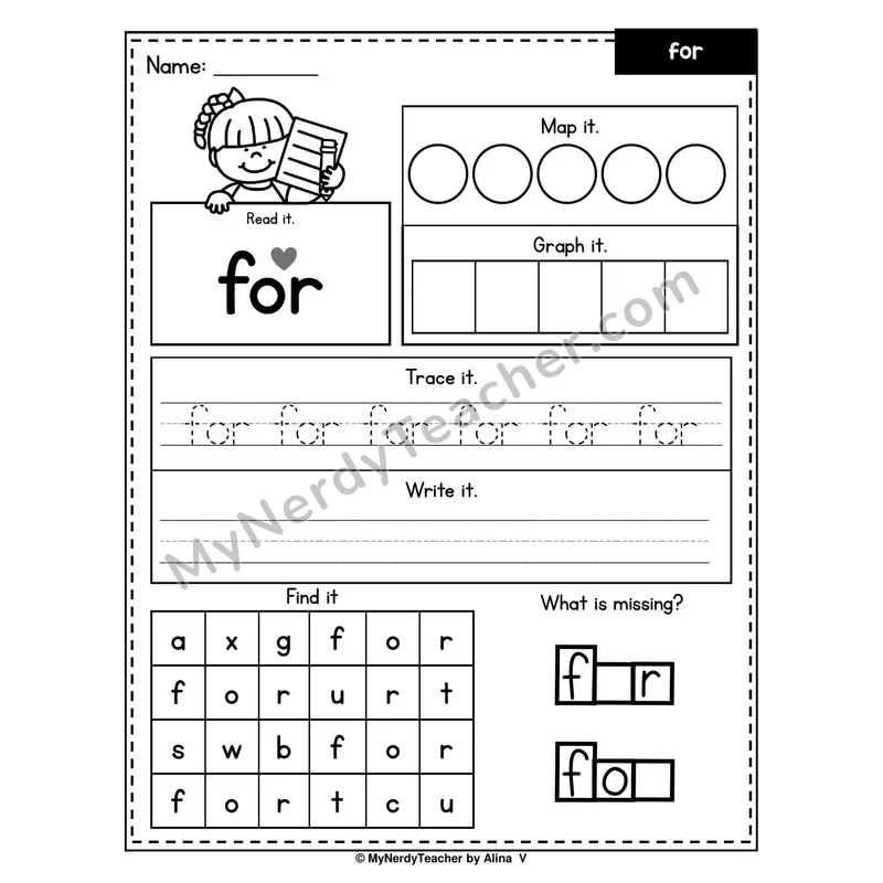Sight Word Worksheet — for (Read, Map, Graph, Trace, Write, Find)