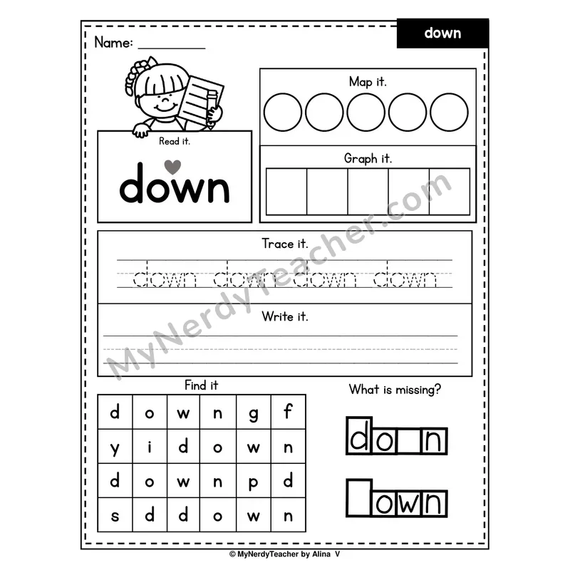 Sight Word Worksheet — down (Read, Map, Graph, Trace, Write, Find)