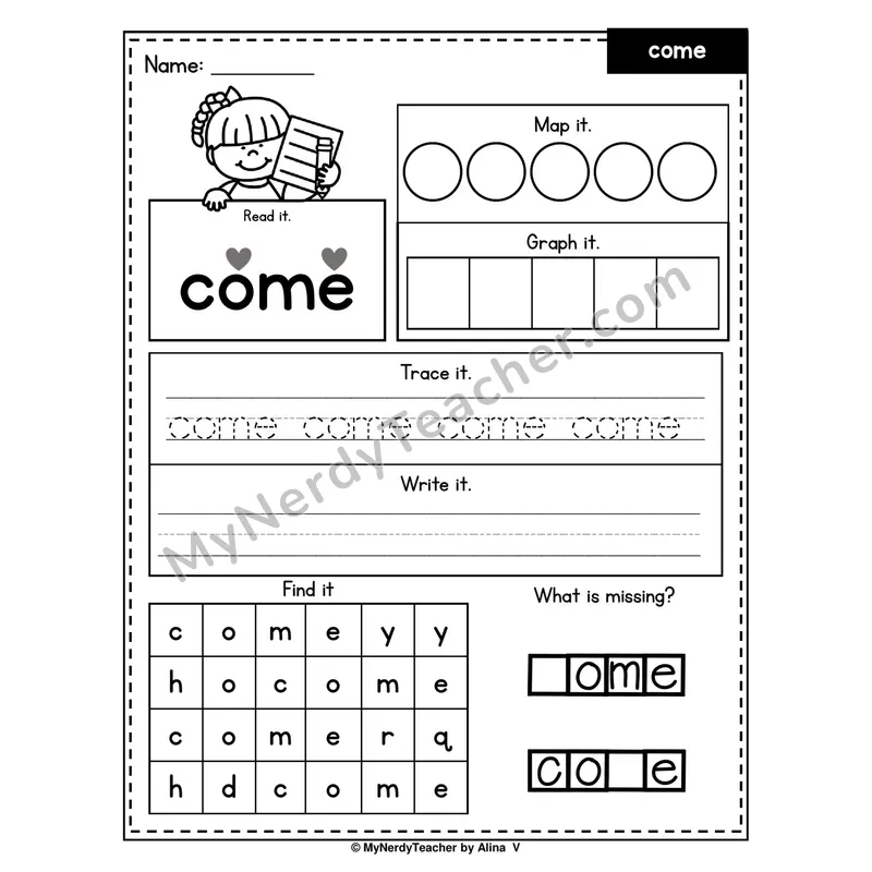 Sight Word Worksheet — come (Read, Map, Graph, Trace, Write, Find)