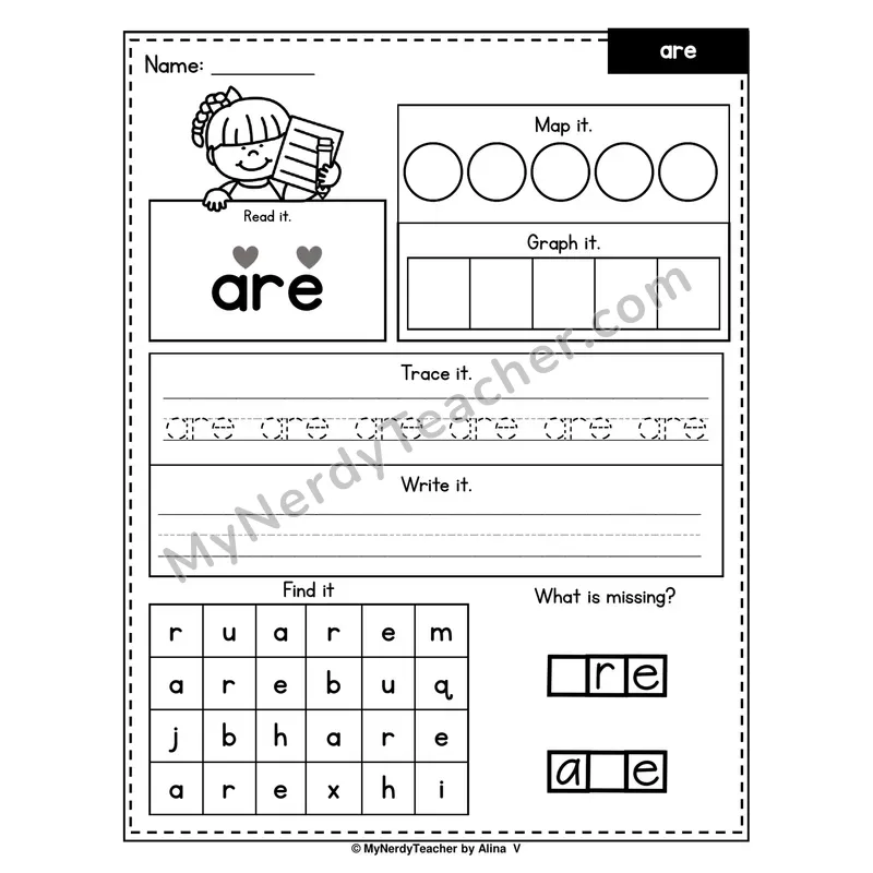 Sight Word Worksheet — are (Read, Map, Graph, Trace, Write, Find)