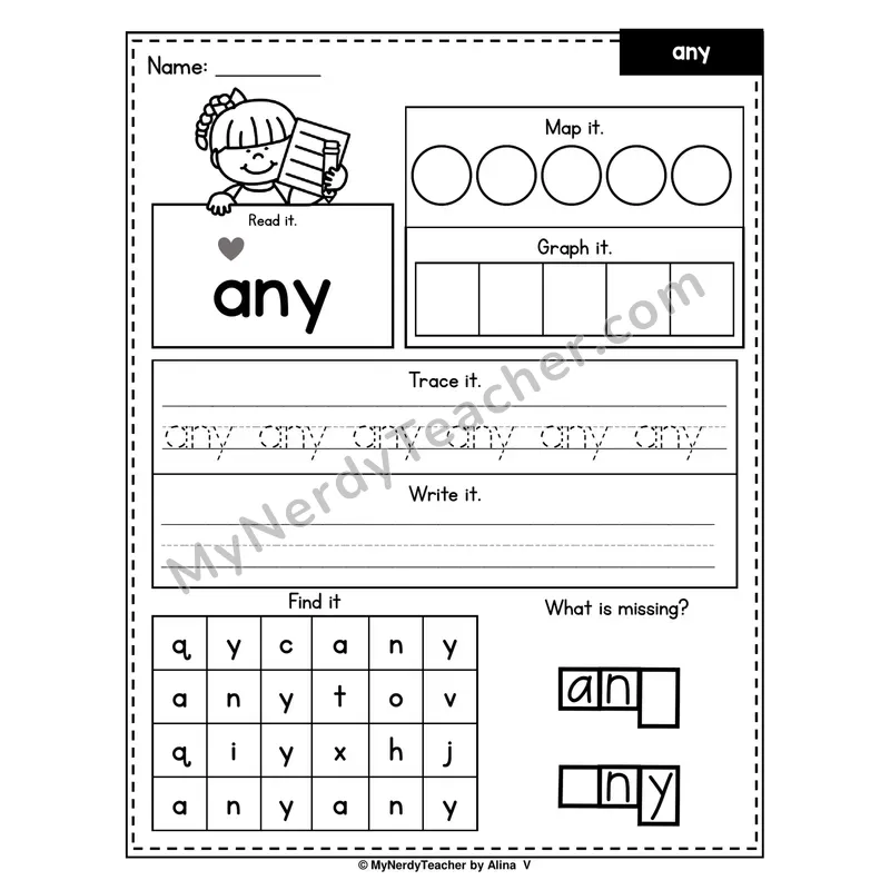 Sight Word Worksheet — any (Read, Map, Graph, Trace, Write, Find)
