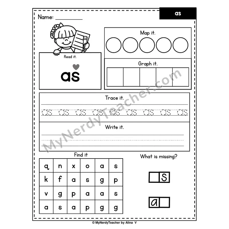 Sight Word Worksheet — as (Read, Map, Graph, Trace, Write, Find)