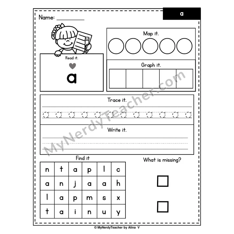 Sight Word Worksheet — a (Read, Map, Graph, Trace, Write, Find)