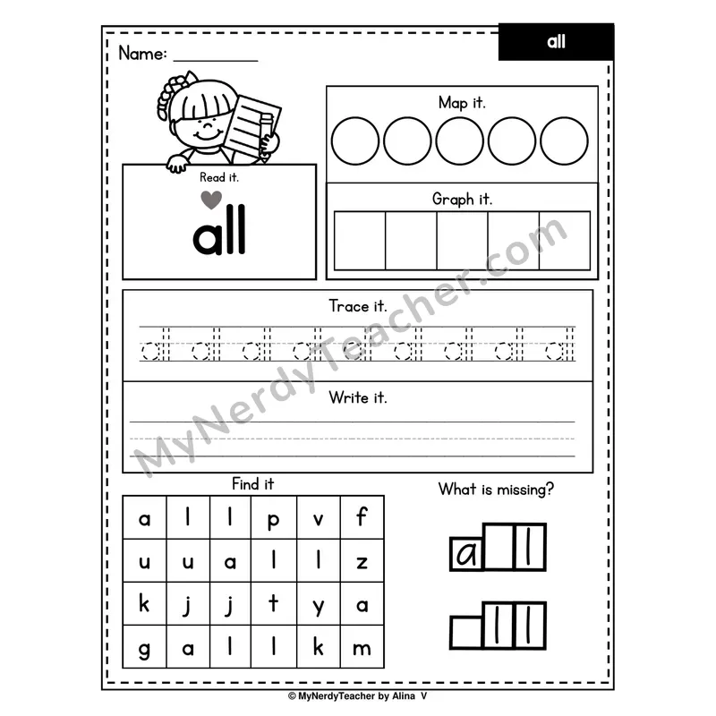 Sight Word Worksheet — all (Read, Map, Graph, Trace, Write, Find)