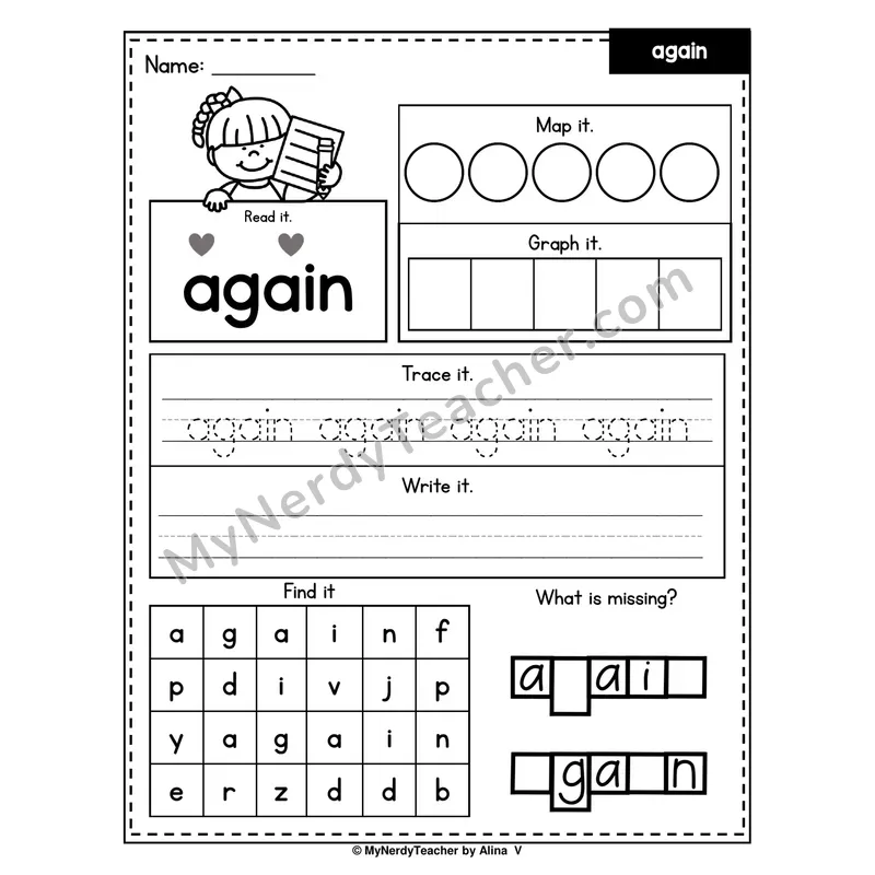 Sight Word Worksheet — again (Read, Map, Graph, Trace, Write, Find)