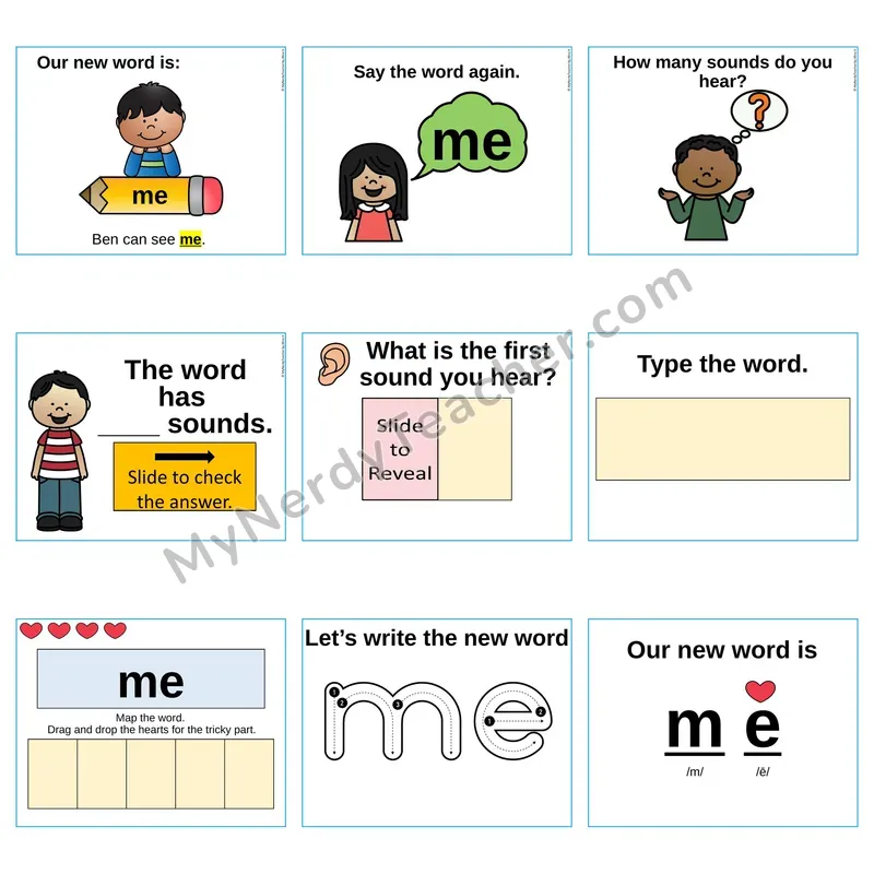 Heart Word Slides Sight Word — me (Editable PowerPoint Lesson)