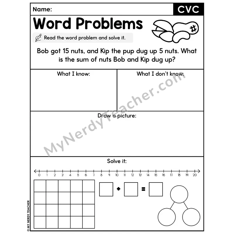 CVC Words Decodable Word Problem Worksheet with Question — Addition Within 20 — #13