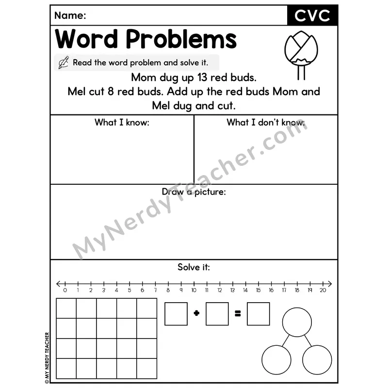 CVC Words Decodable Word Problem Worksheet with Question — Addition Within 20 — #11