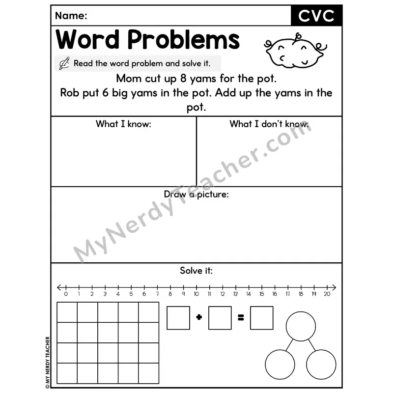 CVC Words Decodable Word Problem Worksheet with Question — Addition Within 20 — #15