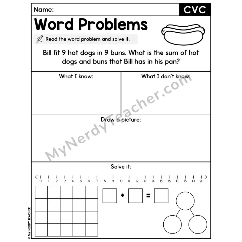 CVC Words Decodable Word Problem Worksheet with Question — Addition Within 20 — #20
