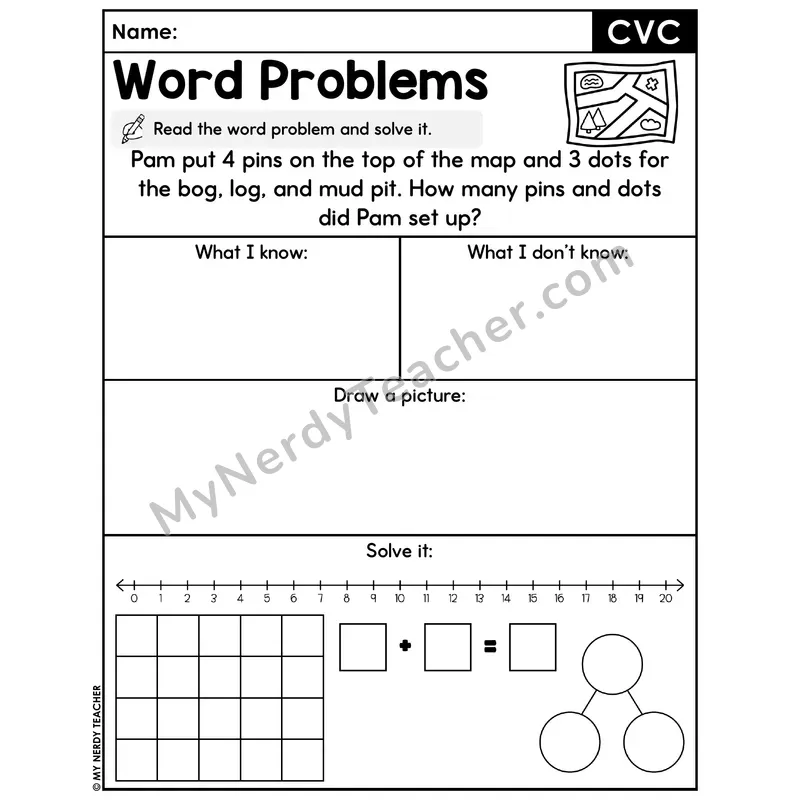 CVC Words Decodable Word Problem Worksheet with Question — Addition Within 20 — #29