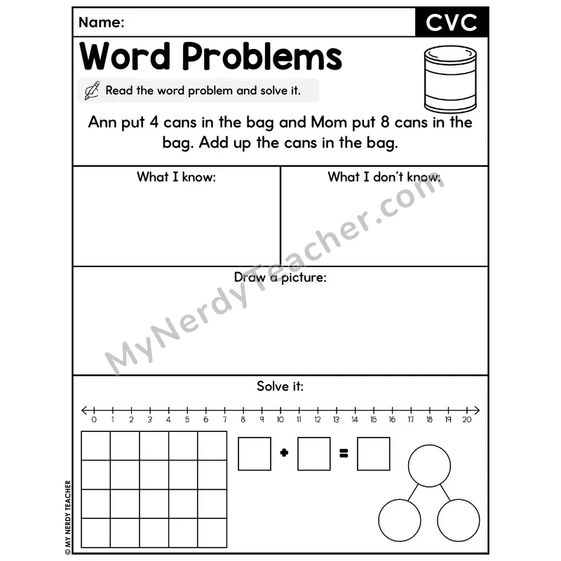 CVC Words Decodable Word Problem Worksheet with Question — Addition Within 20 — #3