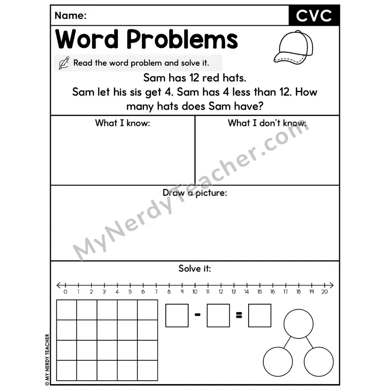 CVC Words Decodable Word Problem Worksheet with Question — Subtraction Within 20 — #33
