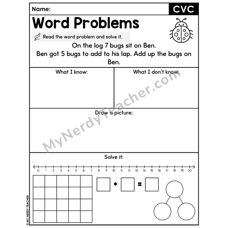 CVC Words Decodable Word Problem Worksheet with Question — Addition Within 20 — #4