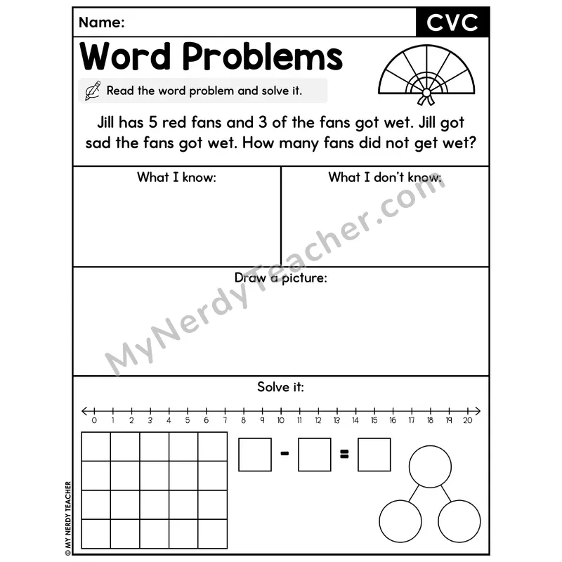 CVC Words Decodable Word Problem Worksheet with Question — Subtraction Within 20 — #48