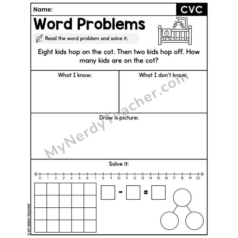 CVC Words Decodable Word Problem Worksheet with Question — Subtraction Within 20 — #46