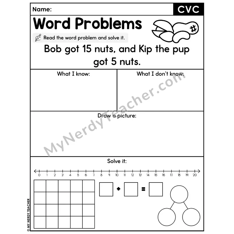 CVC Words Decodable Word Problem Worksheet — Addition Within 20 — #13