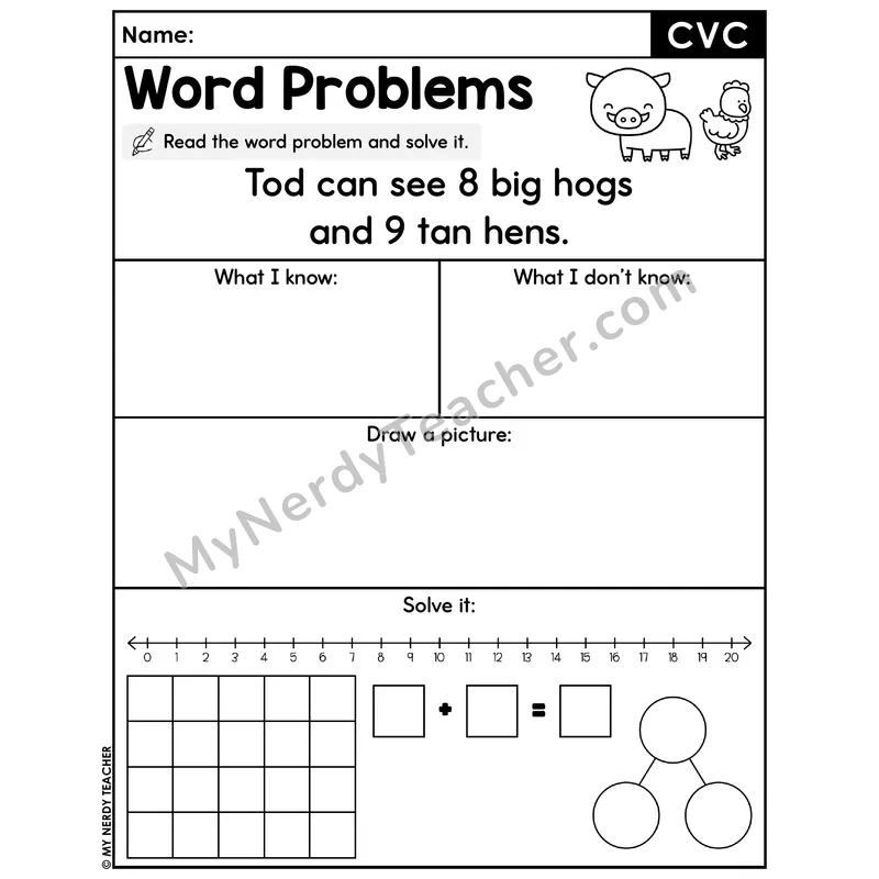 CVC Words Decodable Word Problem Worksheet — Addition Within 20 — #21