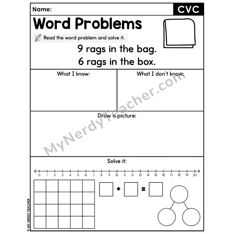 CVC Words Decodable Word Problem Worksheet — Addition Within 20 — #24