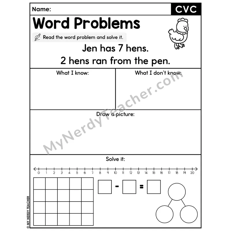 CVC Words Decodable Word Problem Worksheet — Subtraction Within 20 — #32
