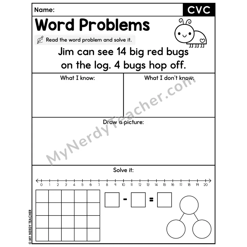 CVC Words Decodable Word Problem Worksheet — Subtraction Within 20 — #34