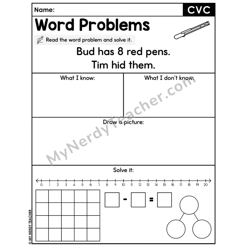 CVC Words Decodable Word Problem Worksheet — Subtraction Within 20 — #37