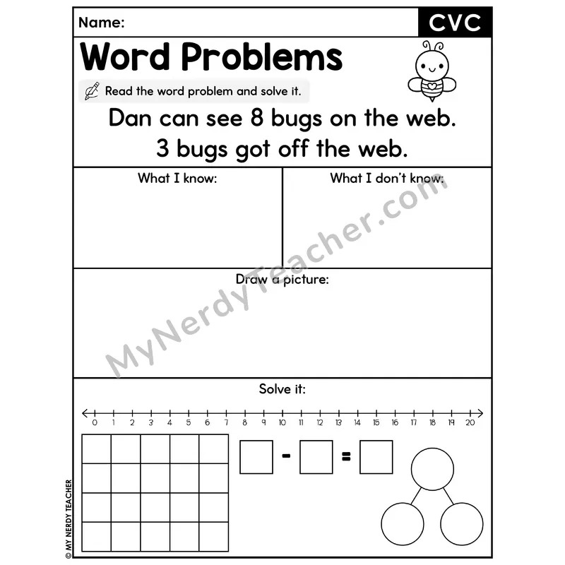 CVC Words Decodable Word Problem Worksheet — Subtraction Within 20 — #44