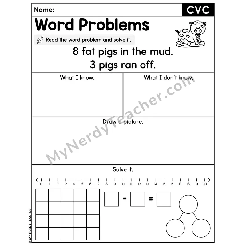 CVC Words Decodable Word Problem Worksheet — Subtraction Within 20 — #47
