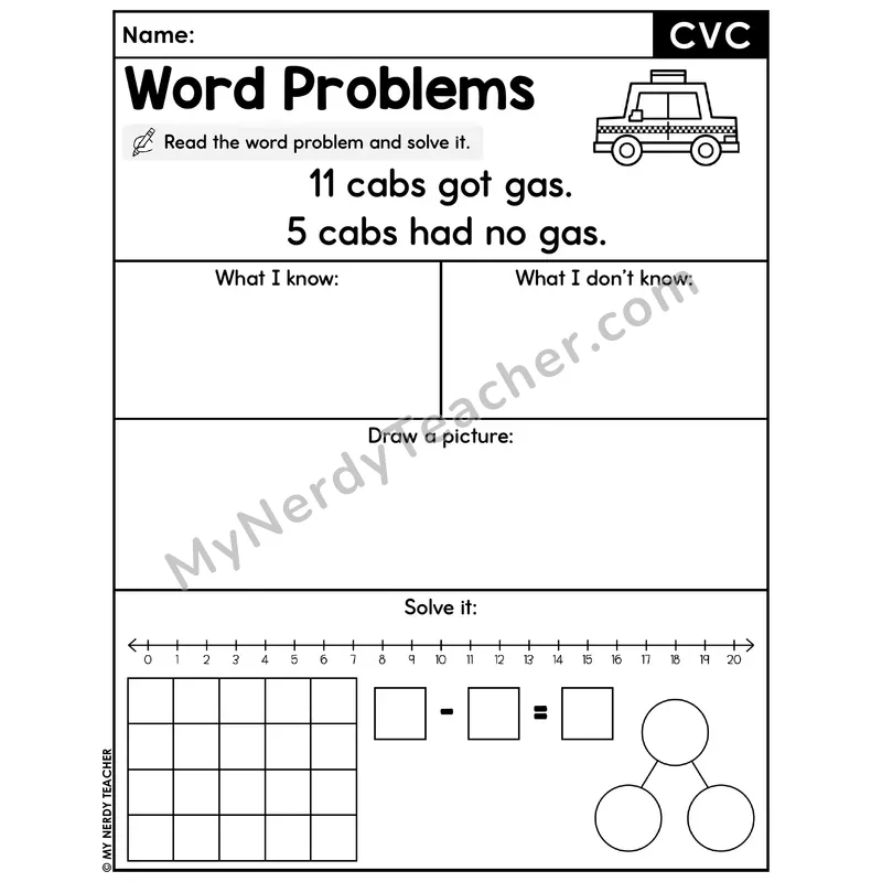 CVC Words Decodable Word Problem Worksheet — Subtraction Within 20 — #50