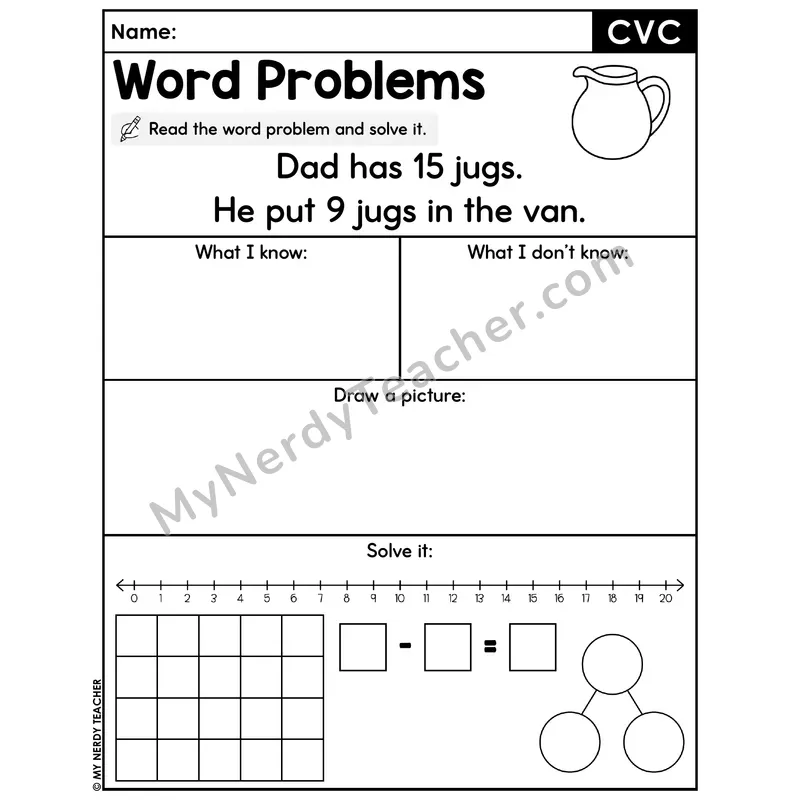 CVC Words Decodable Word Problem Worksheet — Subtraction Within 20 — #56