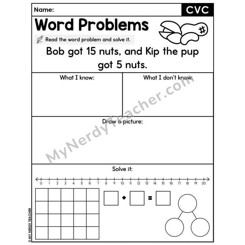 CVC Words Editable Decodable Word Problem Slide — Addition Within 20 — #13