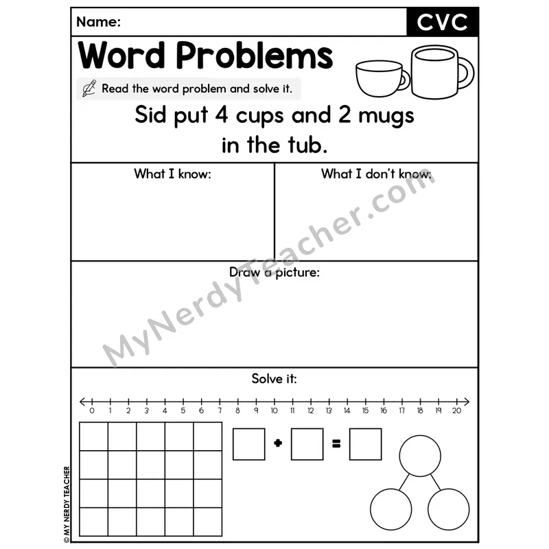 CVC Words Editable Decodable Word Problem Slide — Addition Within 20 — #14